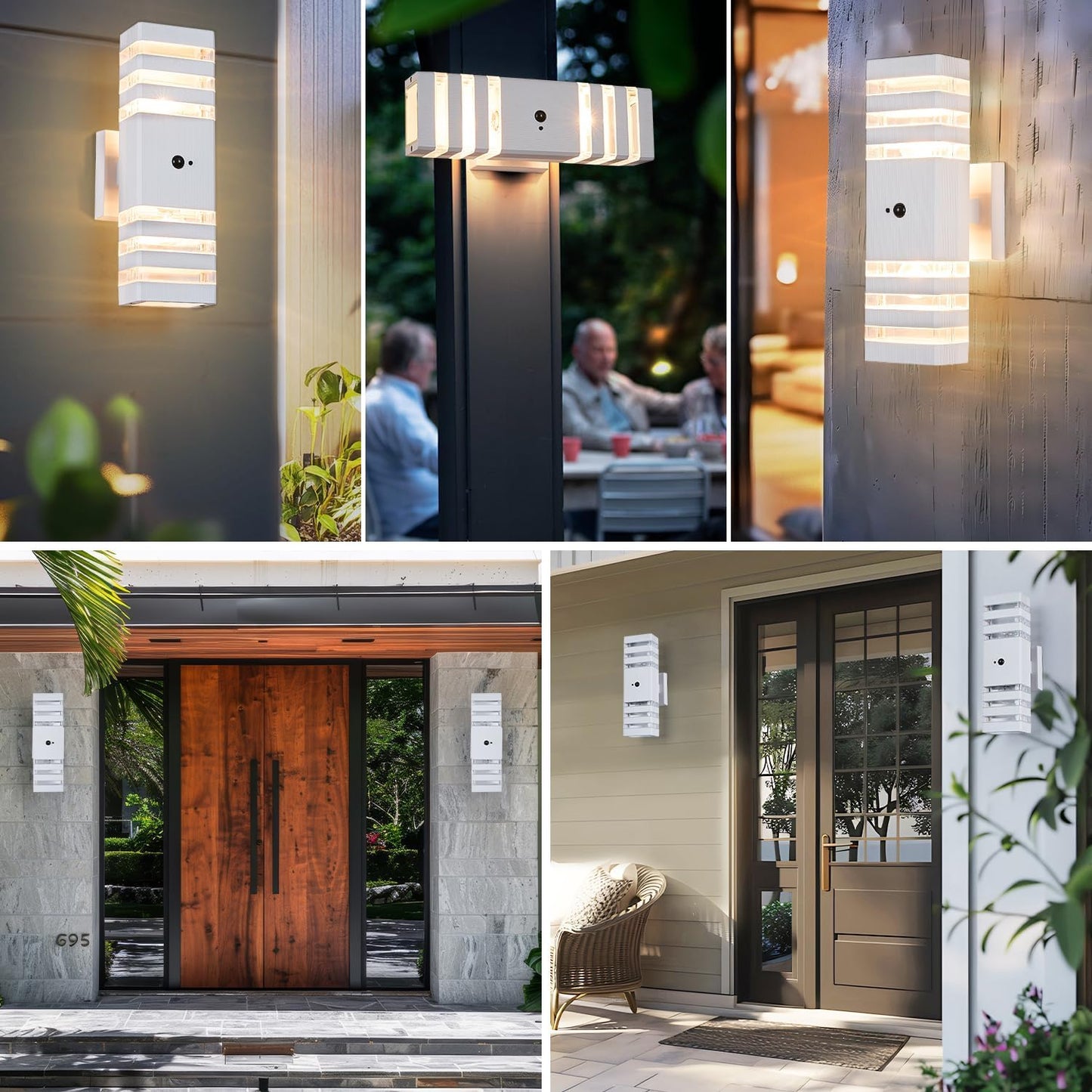 2 Pack Motion Sensor Outdoor Wall Lights with 4 Dimmable Bulbs, Modern White Dusk to Dawn Porch