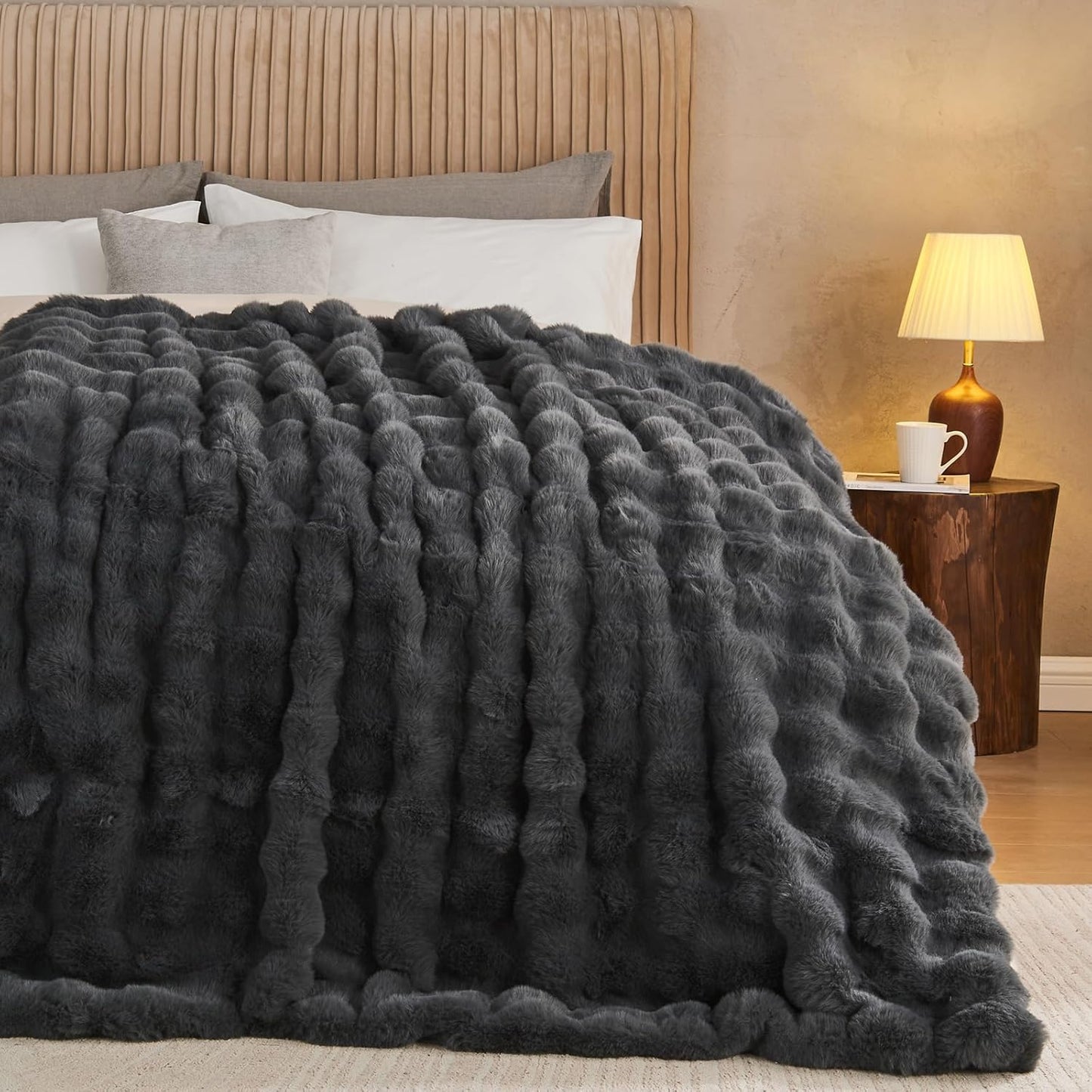 Lotus Karen Queen Size Faux Fur Blanket Dark Gray - Big Bubble Rabbit Fluff Throw for Bed Large