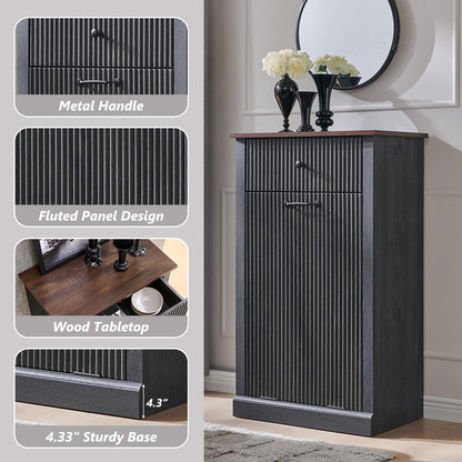Modern Tilt-Out Trash Can Cabinet, 10 Gallon Fluted Laundry Hamper Cabinet with Drawers, Wooden