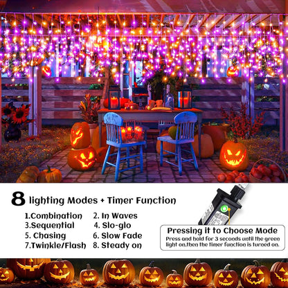 Orange and Purple Halloween Lights Outdoor Indoor, 33ft Icicle Lights for Outside 400 LED Twinkle