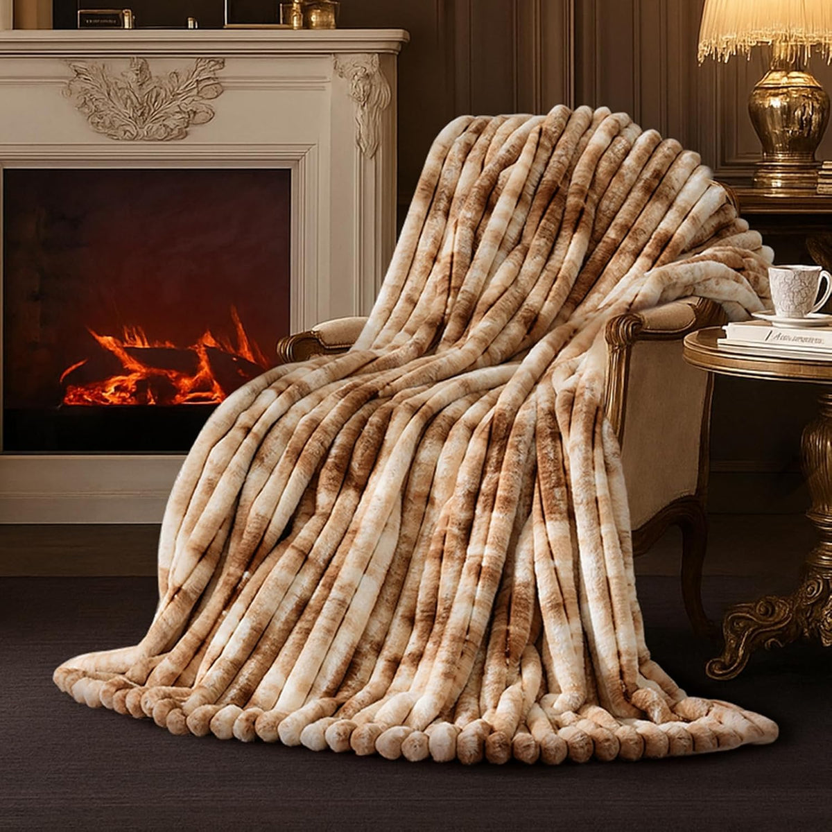 Amélie Home Faux Fur Throw Blanket for Couch, Cozy Fuzzy Fluffy Fur Luxurious Soft Striped Plush