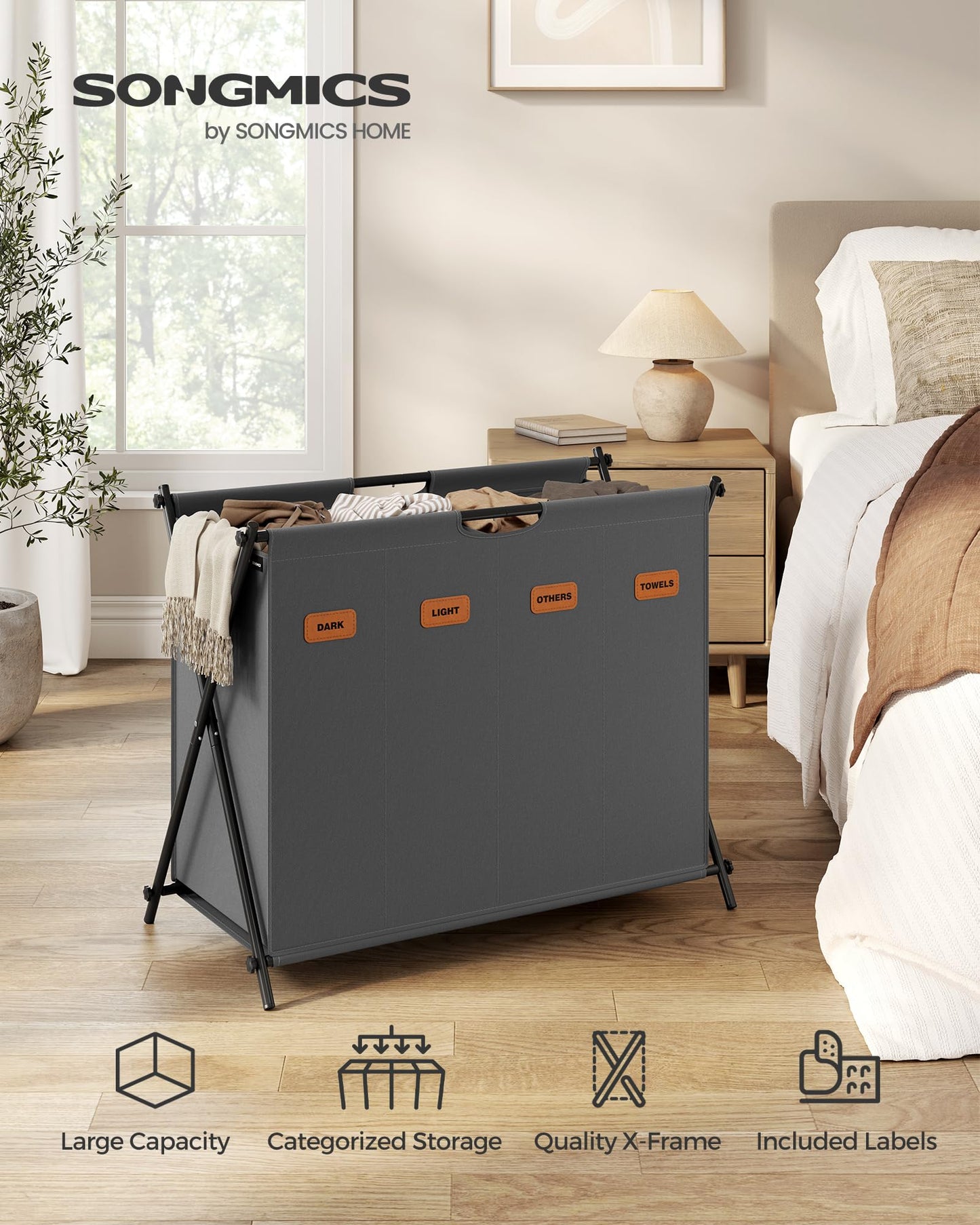 SONGMICS Laundry Hamper, Laundry Basket, 40.9 Gal. Laundry Sorter 4 Sections, Collapsible X-Frame