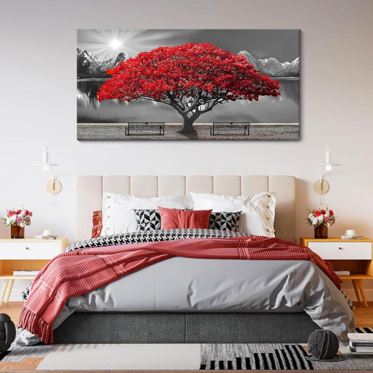 Black and White Red Tree Wall Art Canvas Print Picture Large Red Tree Landscape Modern Artwork for