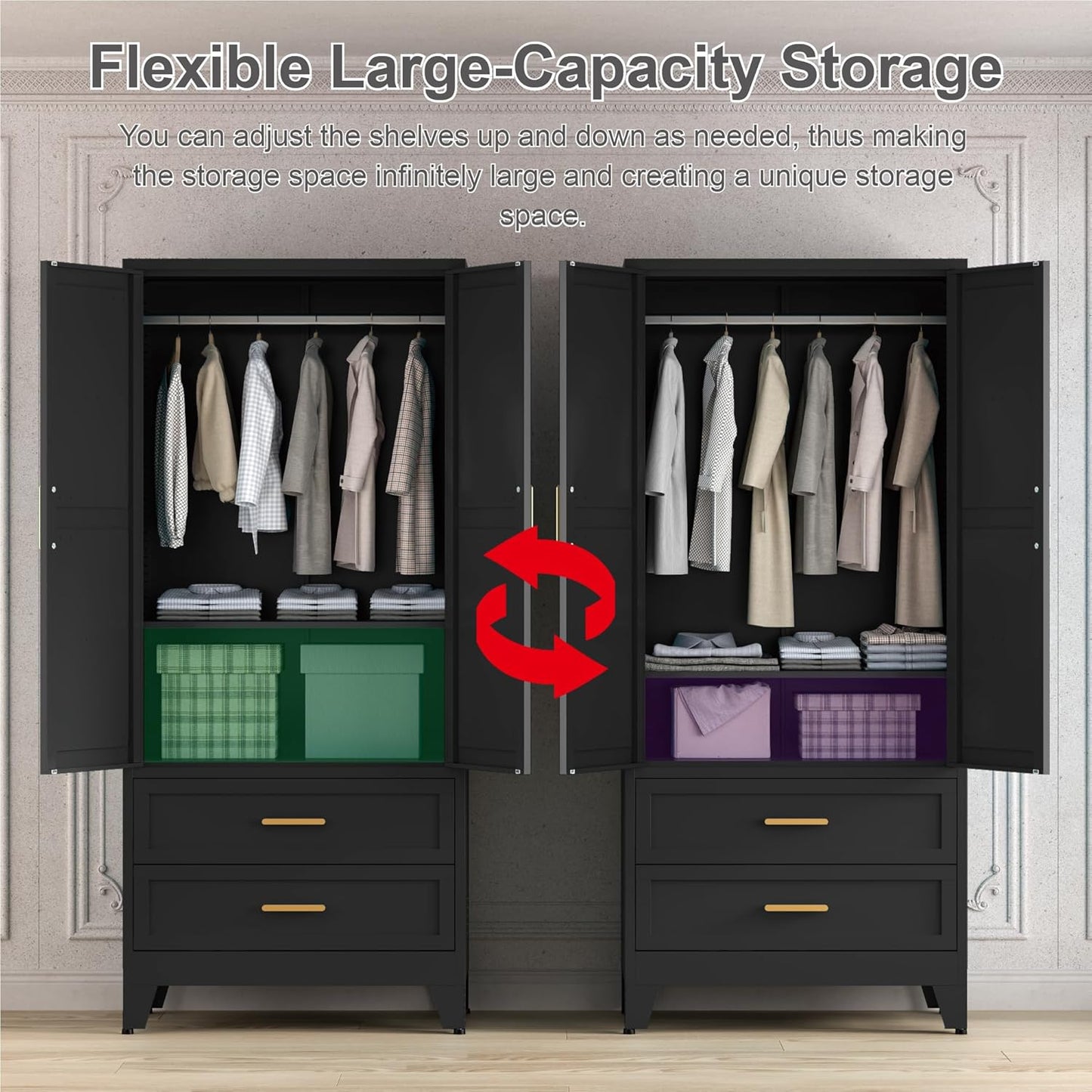 71'' Farmhouse Metal Wardrobe Cabinet with Hanging Rod, 2 Barn Door Wardrobe Closet with Adjustable