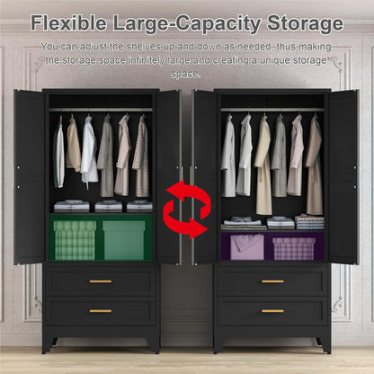 71'' Farmhouse Metal Wardrobe Cabinet with Hanging Rod, 2 Barn Door Wardrobe Closet with Adjustable