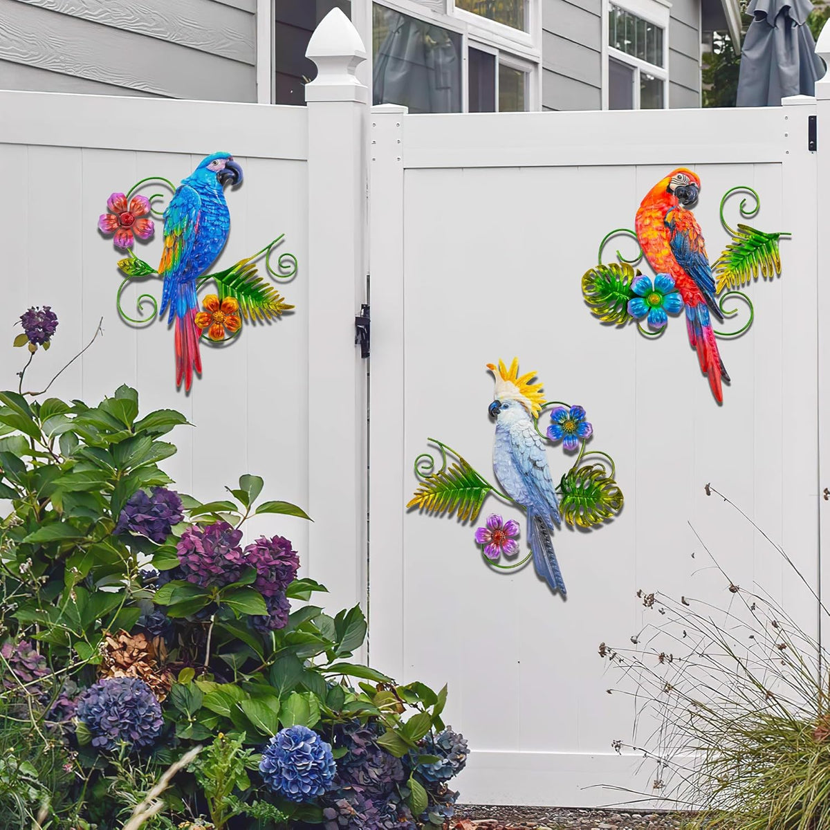 J-Fly Metal Parrots Wall Decor Outdoor Decorations for Yard Garden Decor, Metal Wall Art Decor