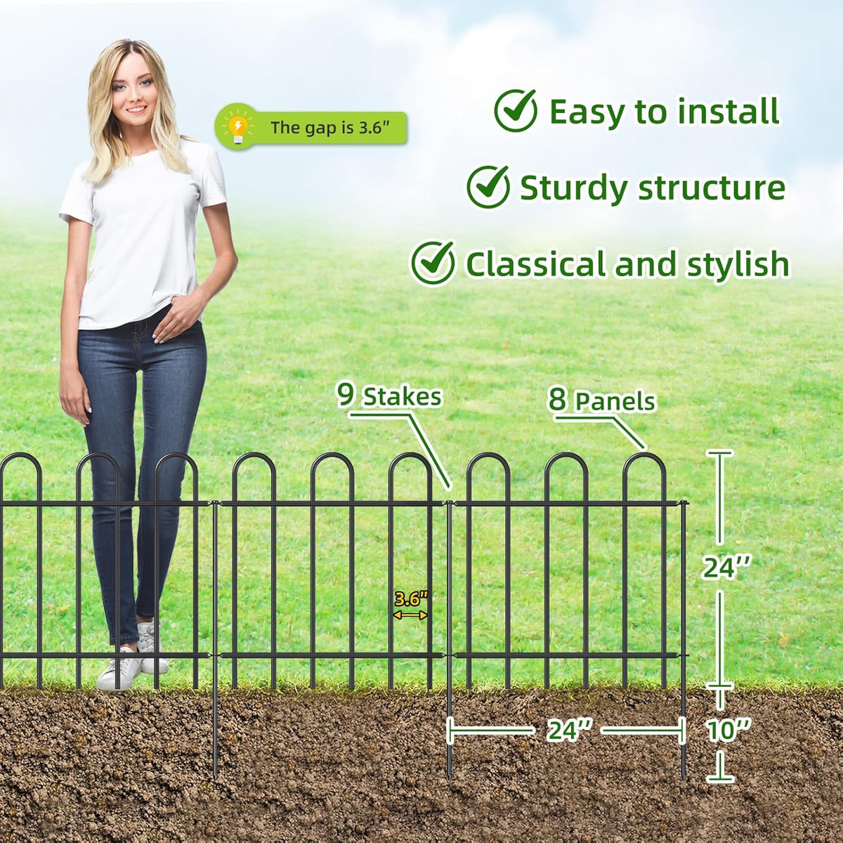 Metal Garden Fence 24 in H x 16 ft L, No dig Garden Border Yard Fencing, Dog Fence Outdoor