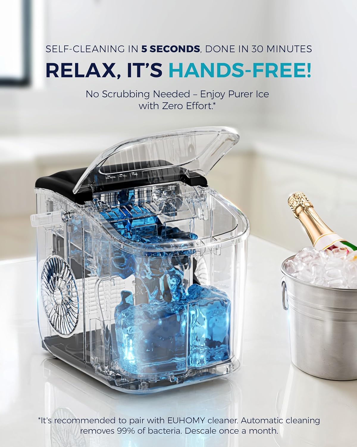 EUHOMY Countertop Ice Maker Machine with Handle, 26lbs Per Day, 9 Ice Cubes Ready in 6 Mins