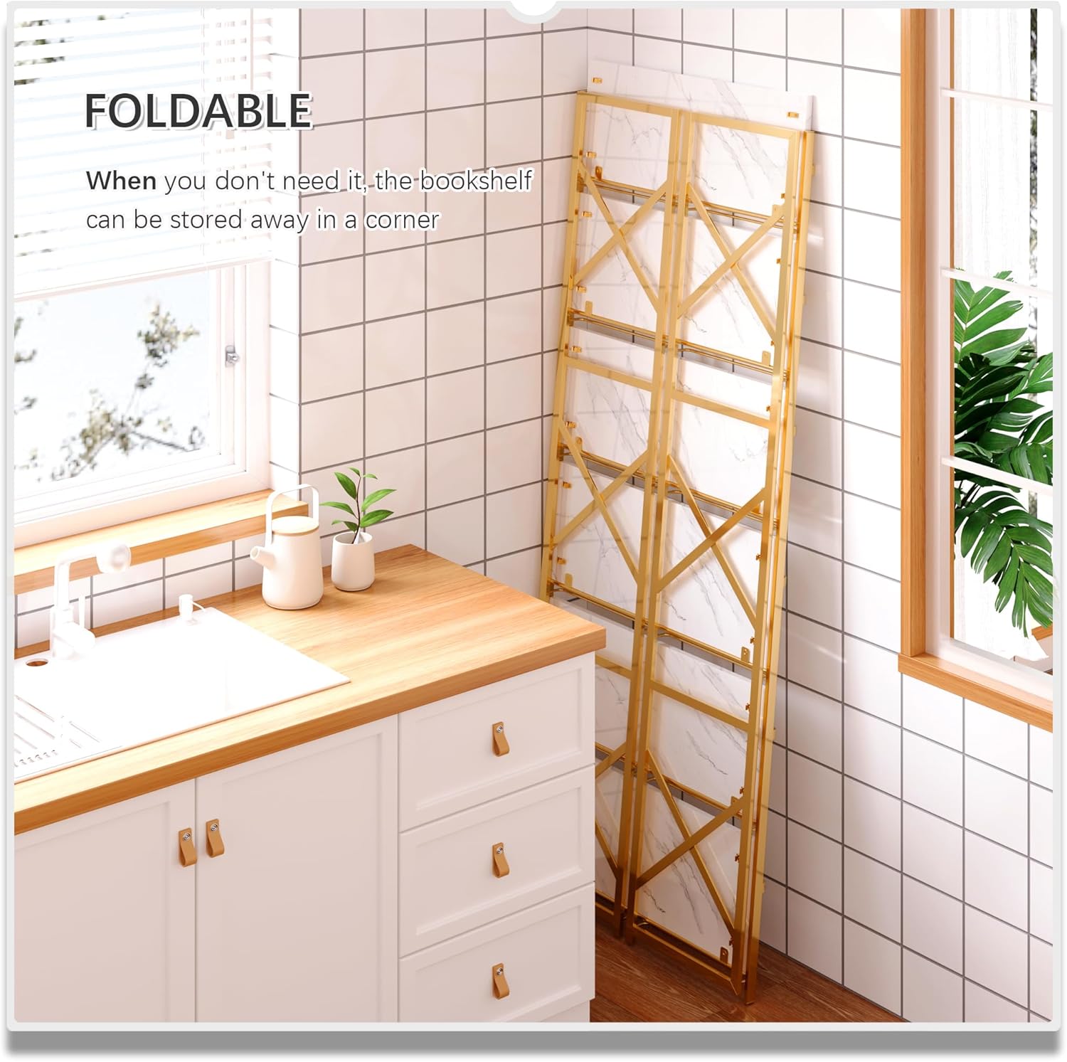 4NM 6 Tiers No Assembly Book Shelves, 61.8" H Folding Bookshelf Bookcase Open Industrial Foldable
