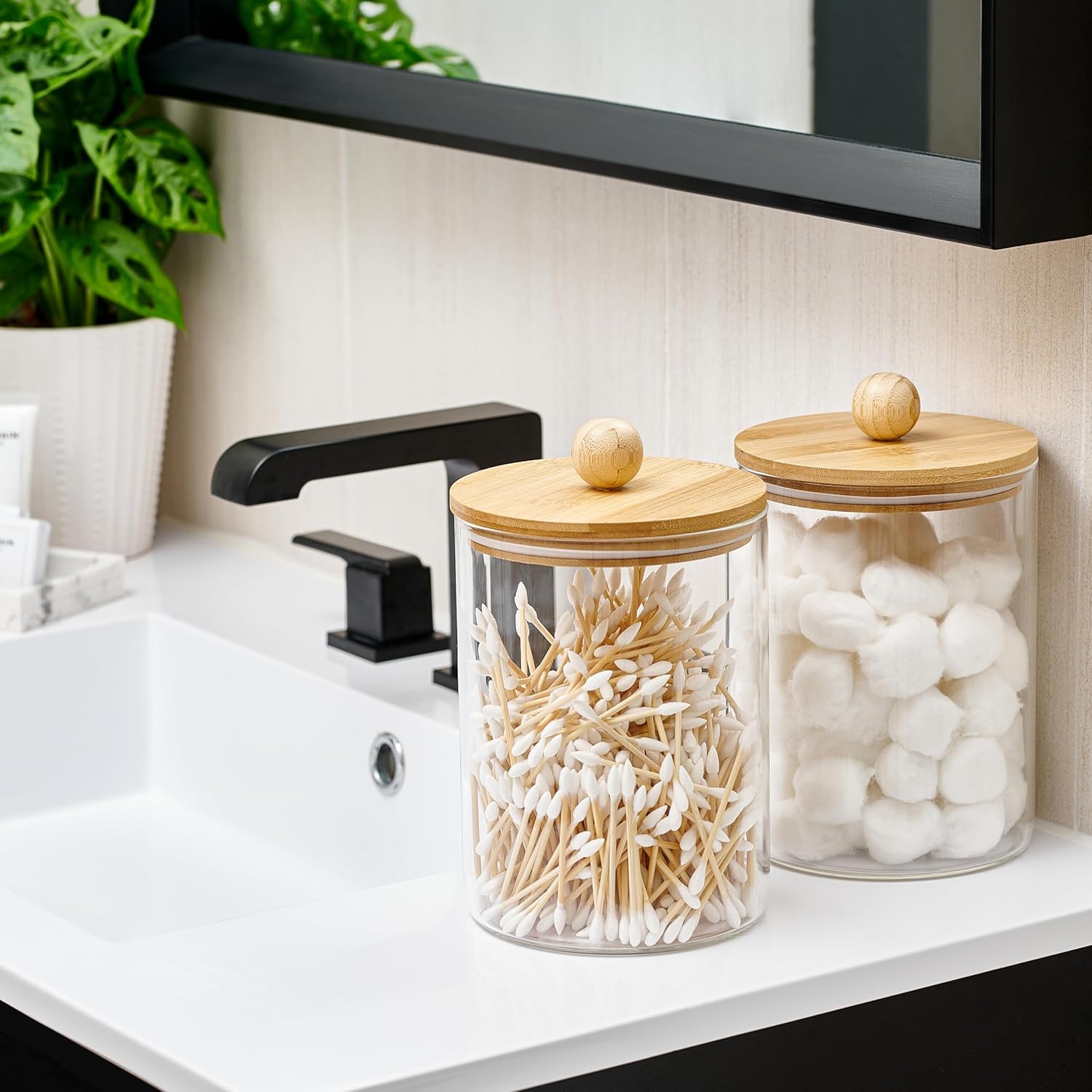 Set of 2 Large Glass Canisters for Kitchen Counter with Airtight Bamboo Lids + Marker & Labels