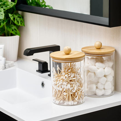 Set of 2 Large Glass Canisters for Kitchen Counter with Airtight Bamboo Lids + Marker & Labels