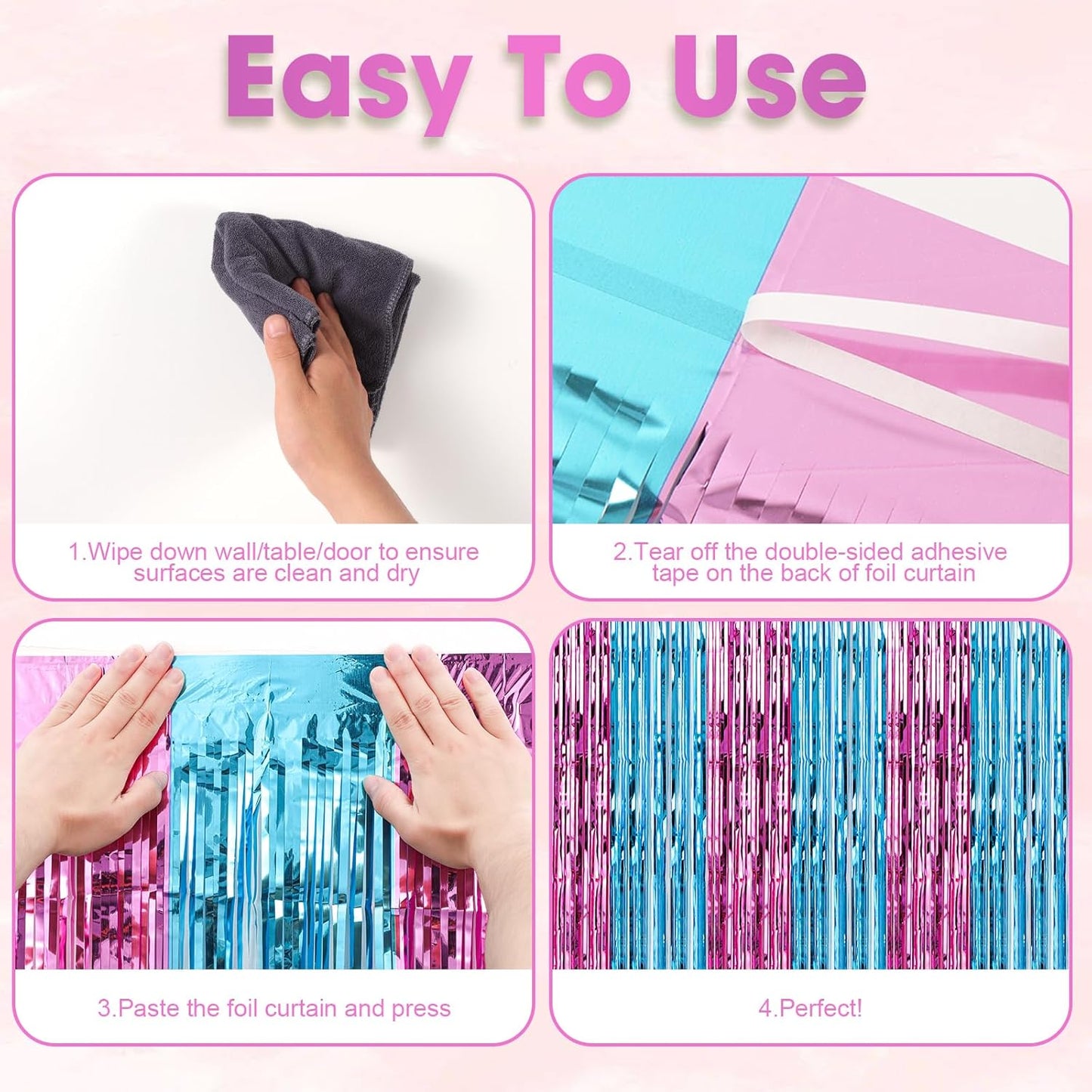 3 Pack 3.3x8.2 Feet Blue and Pink Foil Fringe Backdrop Curtains, Tinsel Streamers Birthday Party