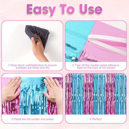 3 Pack 3.3x8.2 Feet Blue and Pink Foil Fringe Backdrop Curtains, Tinsel Streamers Birthday Party