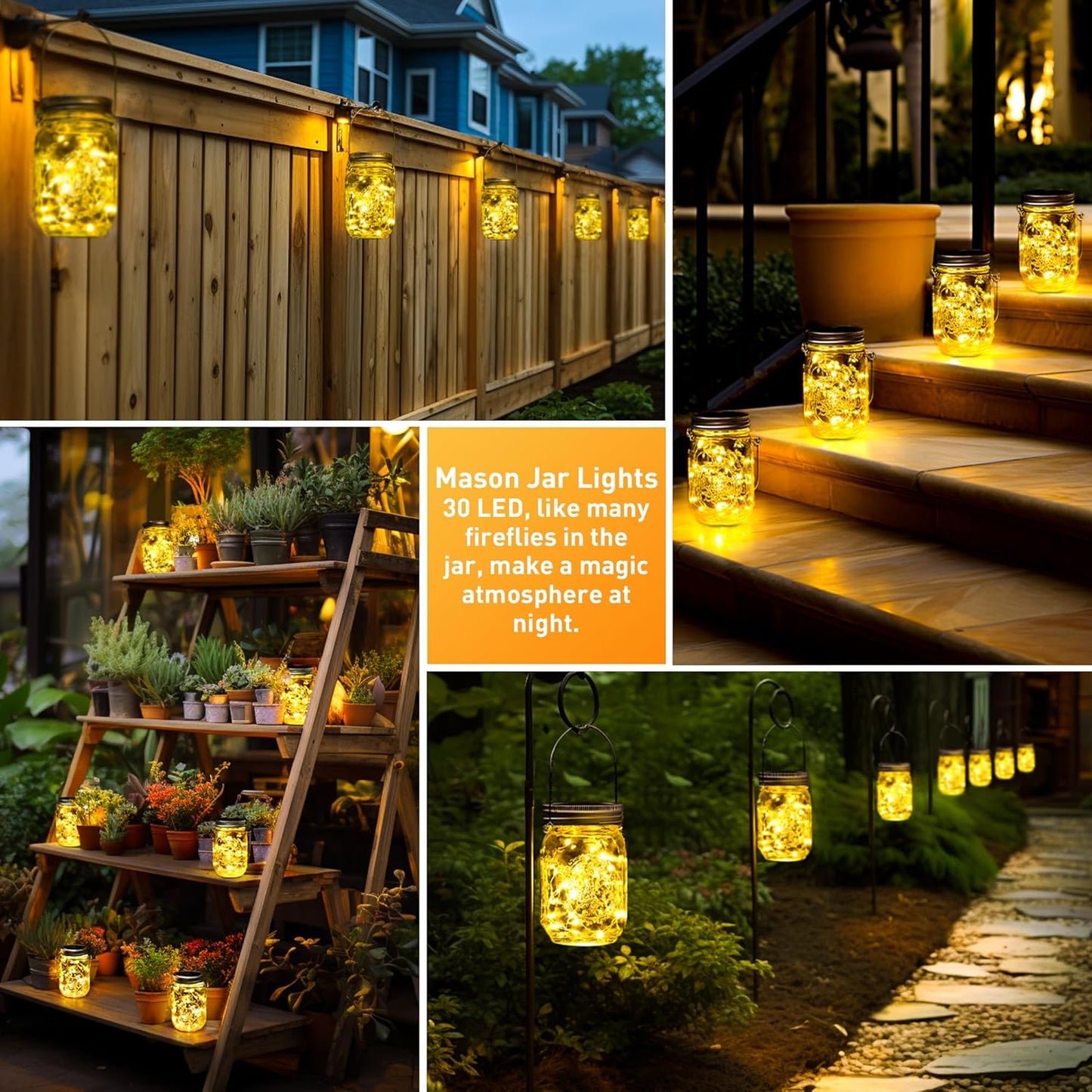 GIGALUMI Solar Mason Jar Lights, 8 Pack 30 Led String Fairy Lights Garden Lights Outdoor Waterproof
