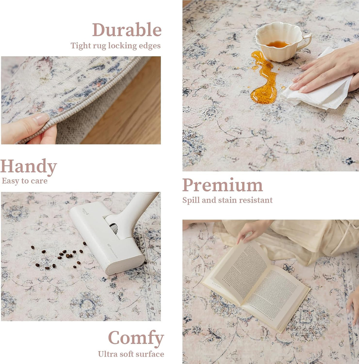 4'x4' Vintage Floral Rug - Persian Inspired Low-Pile Faux Wool Area Rug, Non-Slip Washable Round