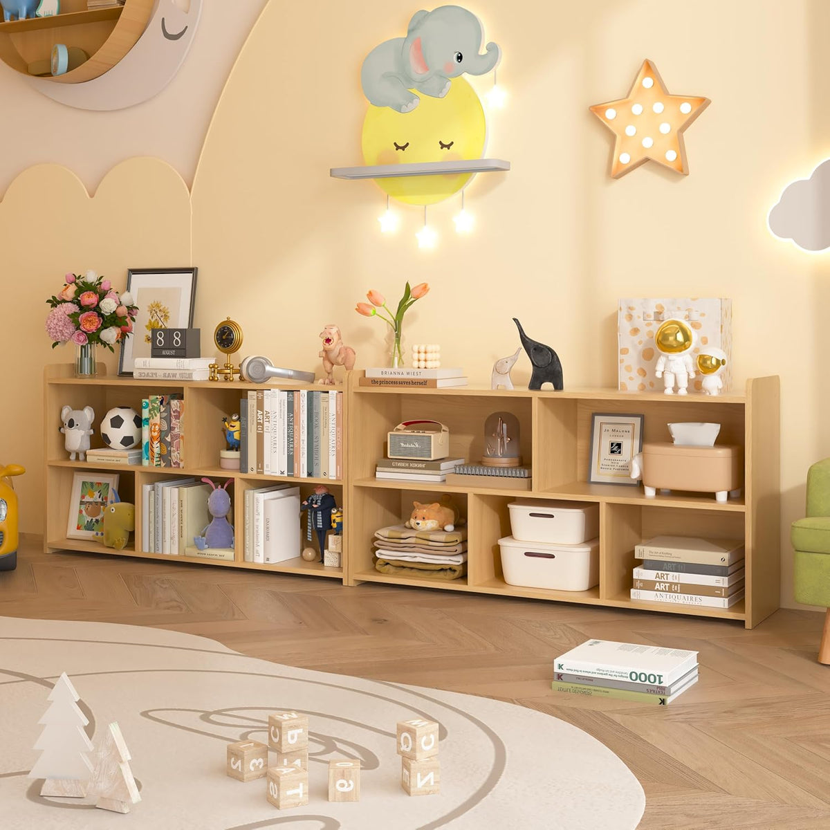 Book Shelf, 5 Cubes Storage Organizer, Open Shelf Wooden Bookcase, Freestanding Log Bookshelf Cube