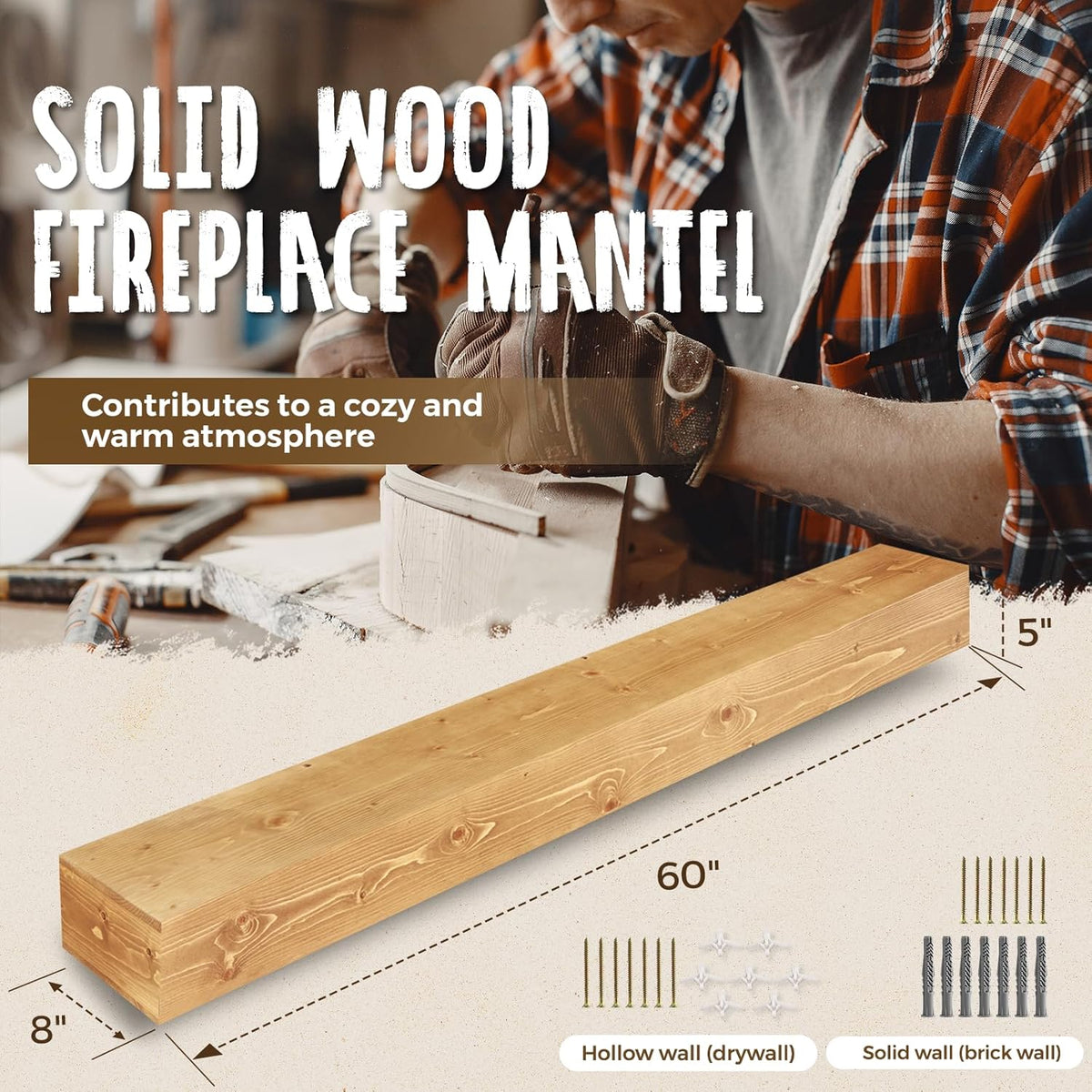 60x8x5 Fireplace Mantel - Handcrafted Rustic Solid Wood Wall Mounted Floating Shelf with Invisible