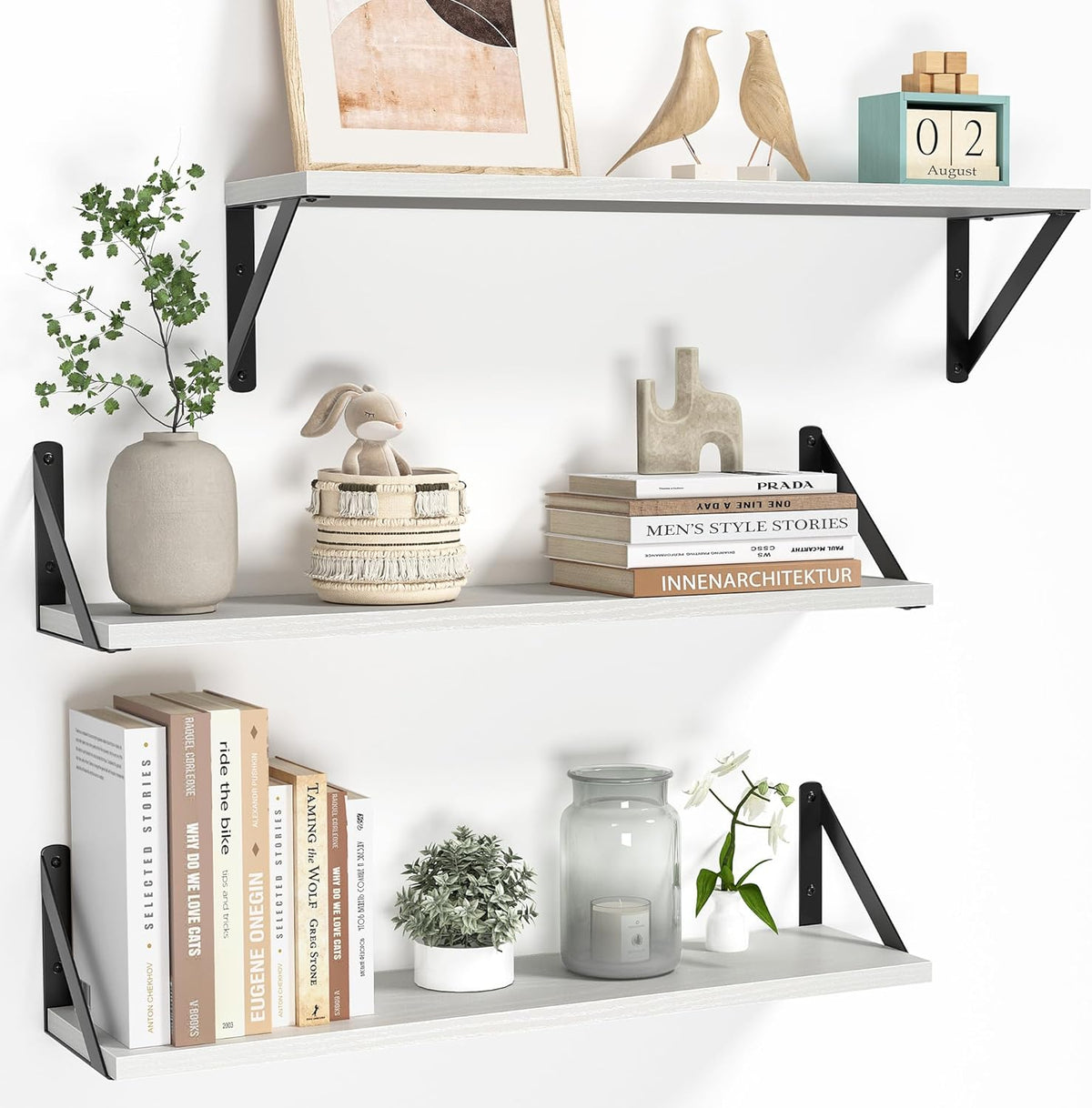 Heimlove Floating Shelves for Wall, 24 Inch Long Wood Floating Shelves Set of 3, Wall Mounted