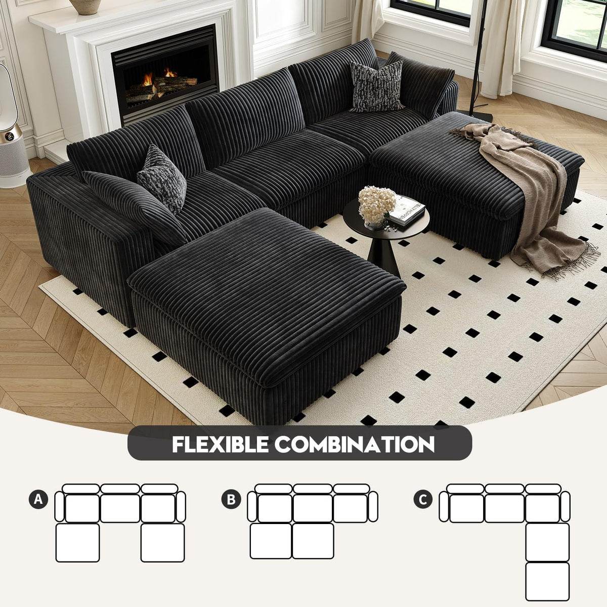 118" Cloud Couch Modular Sectional Sofa for Living Room,Modern Sofa with Deep Seat，U-Shape Boneless