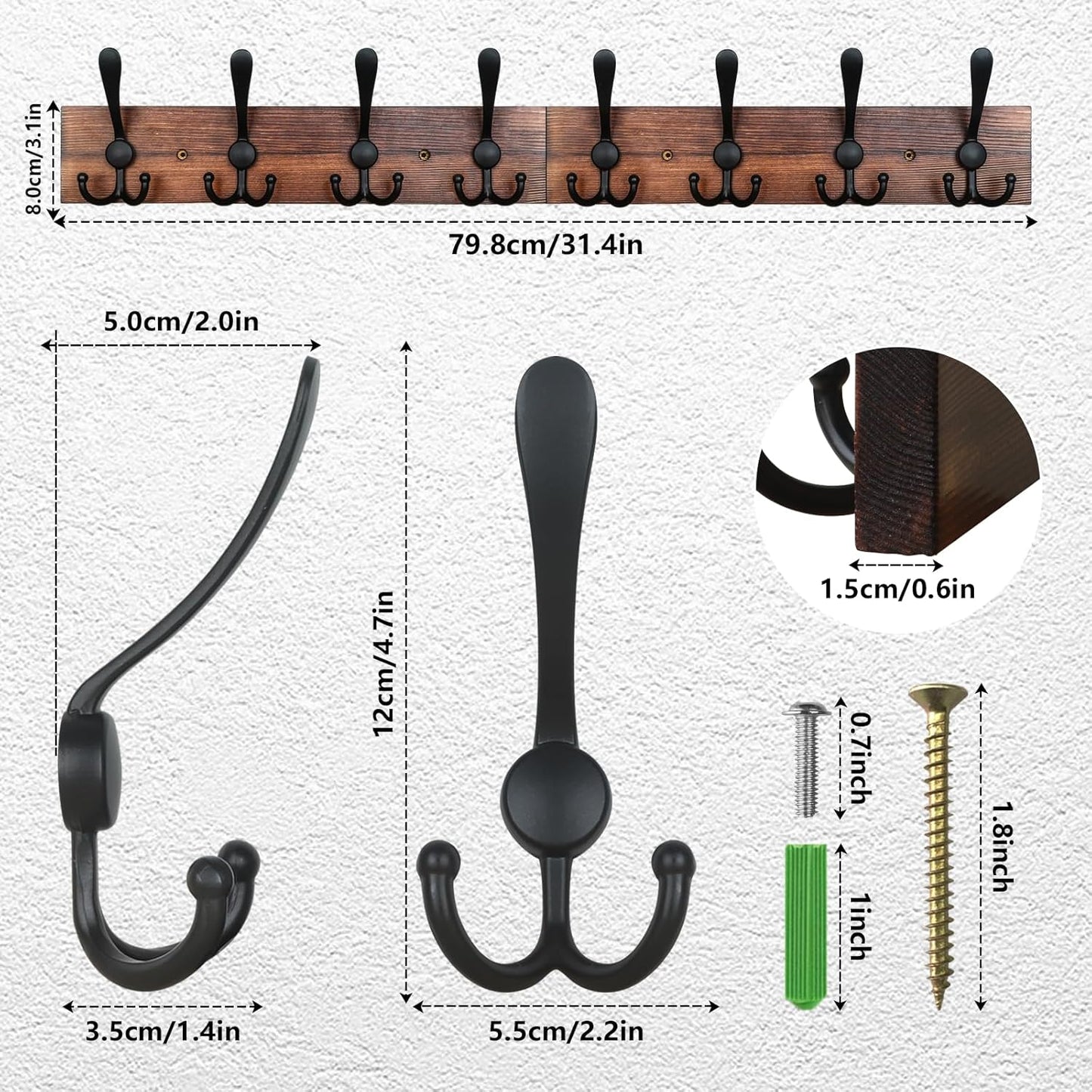 IBosins Wall Mounted Coat Rack, 31-2/5'' Long, Entryway Hanging Rack, Metal Wood Coat Hooks Rack