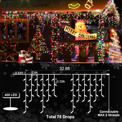 KNONEW Christmas Lights Outdoor Decorations 400 LED 33ft 8 Modes Curtain Fairy String Light with 75