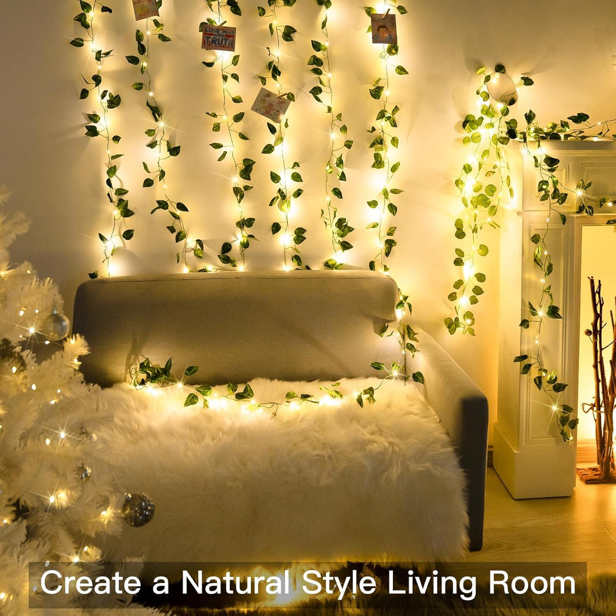 suddus Vine with Fairy Lights Battery Operated, 33ft100 LED Pothos String Lights with Remote, Leaf