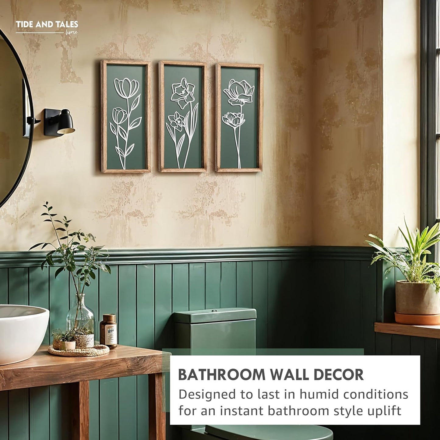 3D Floral Green Wall Art (Set of 3) Lightweight, Wooden Ready-to-Hang Boho Framed Wall Art for