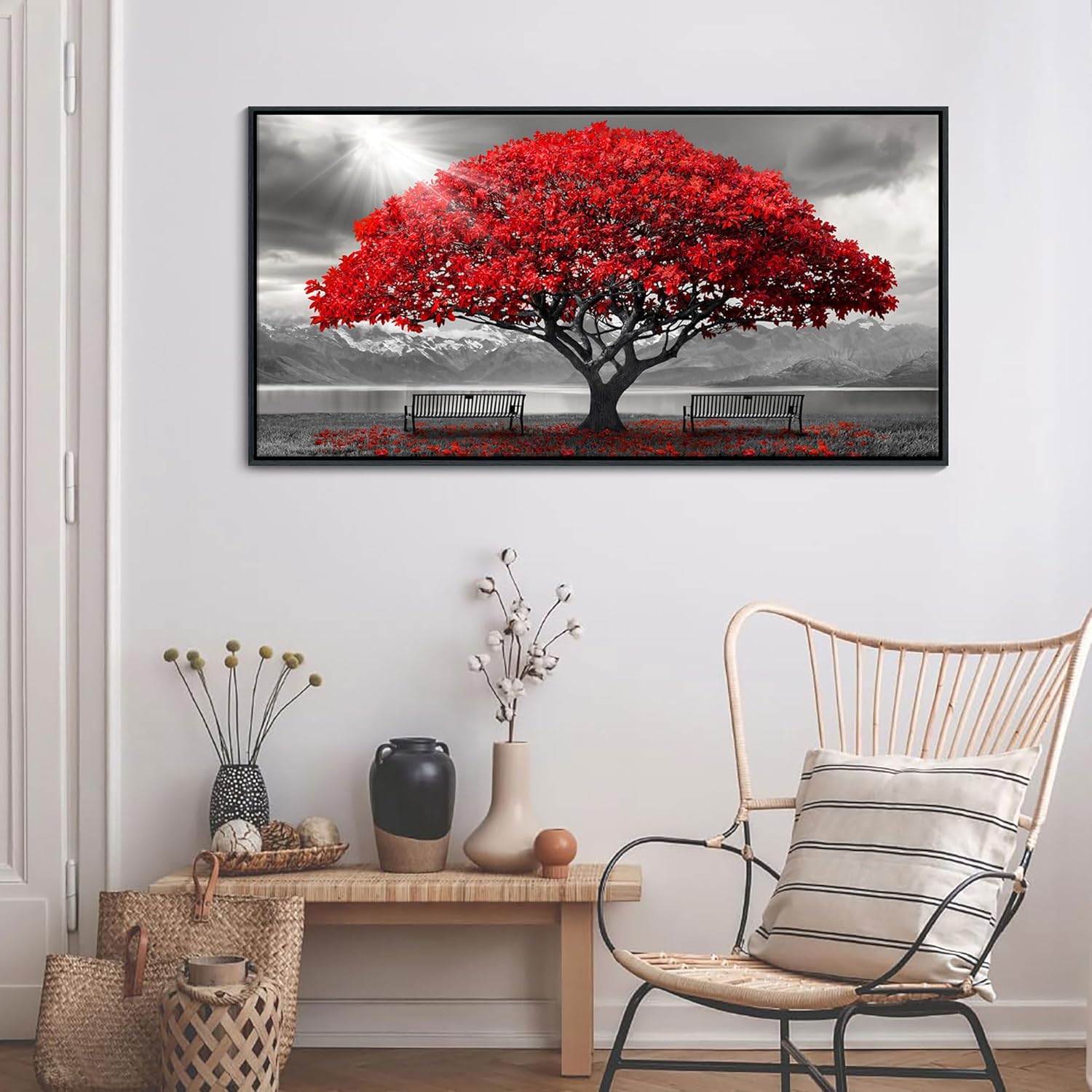 AJAZIKO Red Wall Art - Modern Framed Wall Art for Living Room - Red Tree Black and White Landscape