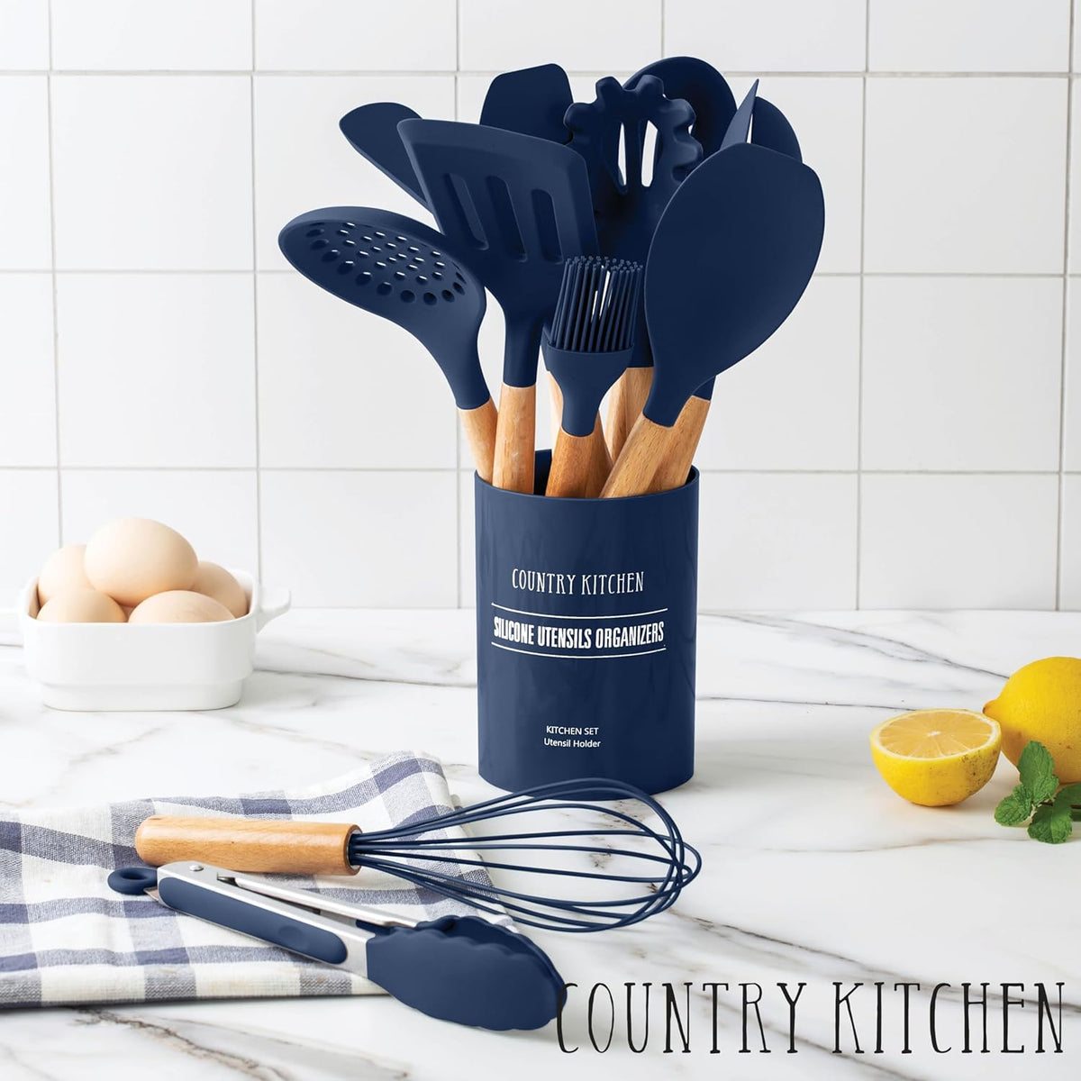 Country Kitchen Non Stick Silicone Utensil Set with Rounded Wood Handles for Cooking and Baking, 14