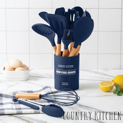 Country Kitchen Non Stick Silicone Utensil Set with Rounded Wood Handles for Cooking and Baking, 14