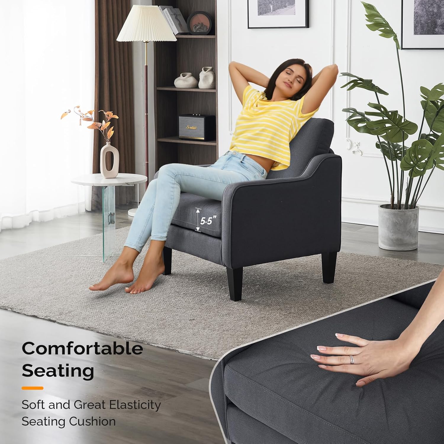 VINGLI Accent Chairs Set of 2 Living Room Chairs Dark Grey Reading Chair for Bedroom Scooped Arm