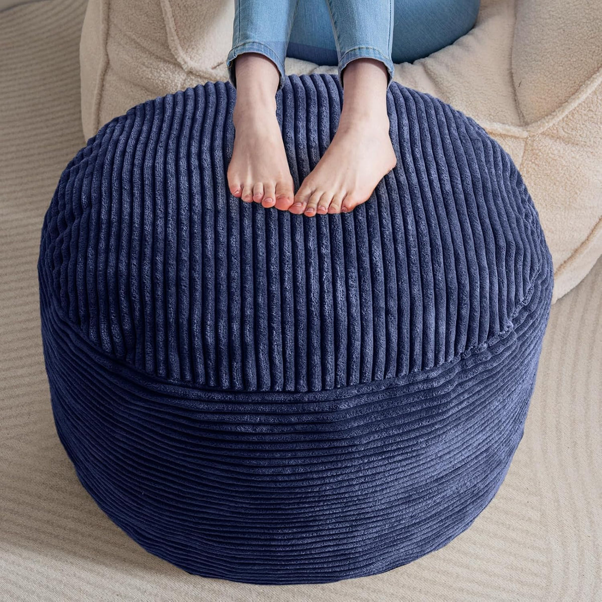 HIGOGOGO Round Stuffed Pouf Ottoman, Corduroy Poufs with Foam Chunk Filling, Furry and Fluffy Pouf