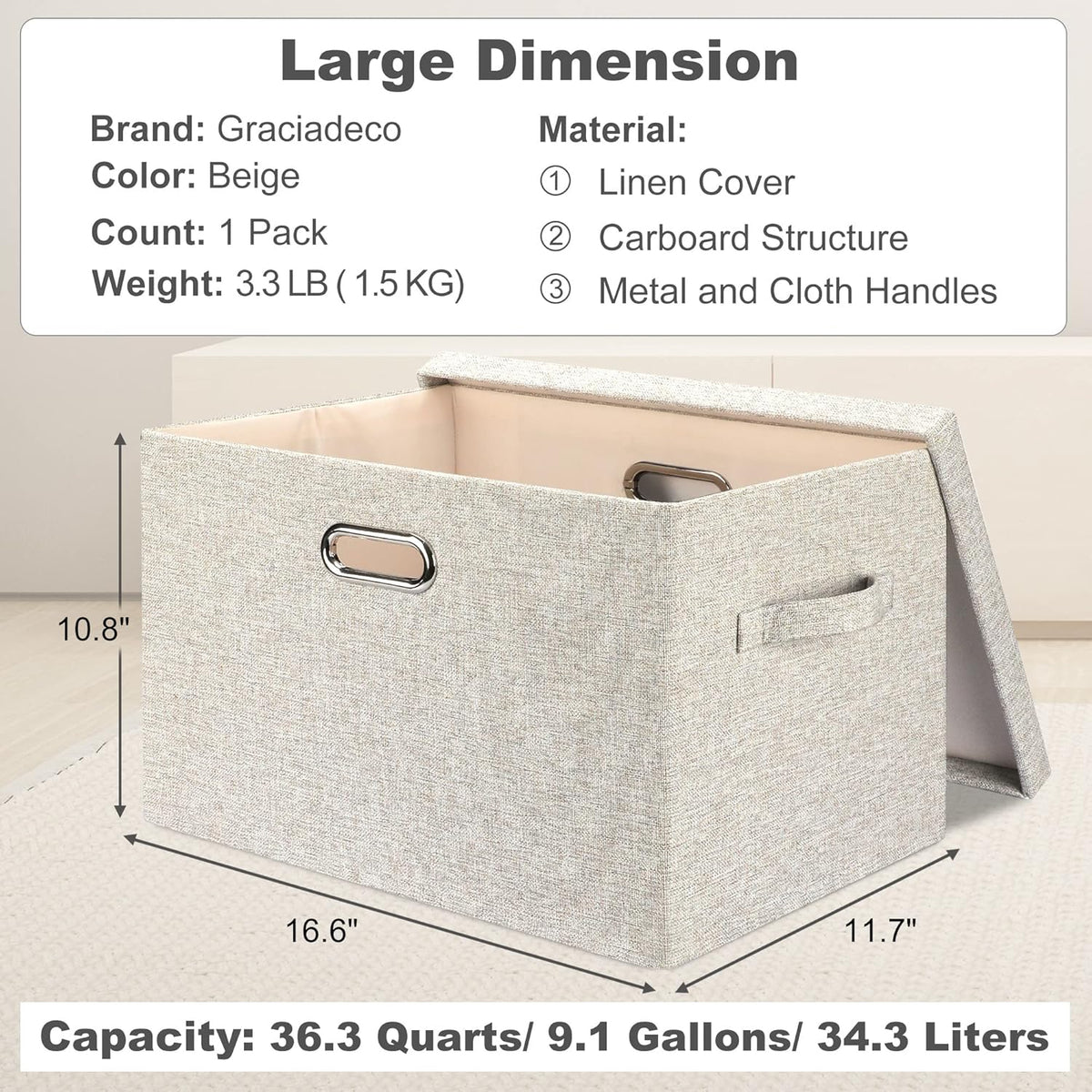 Large 17 36 Quart Collapsible Stackable Storage Bins with Lids, 1 Pack Beige Foldable Fabric Closet