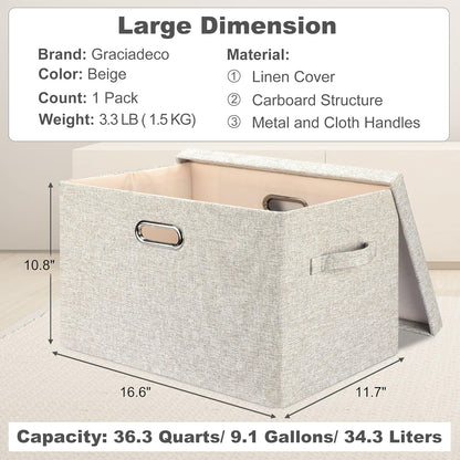 Large 17 36 Quart Collapsible Stackable Storage Bins with Lids, 1 Pack Beige Foldable Fabric Closet