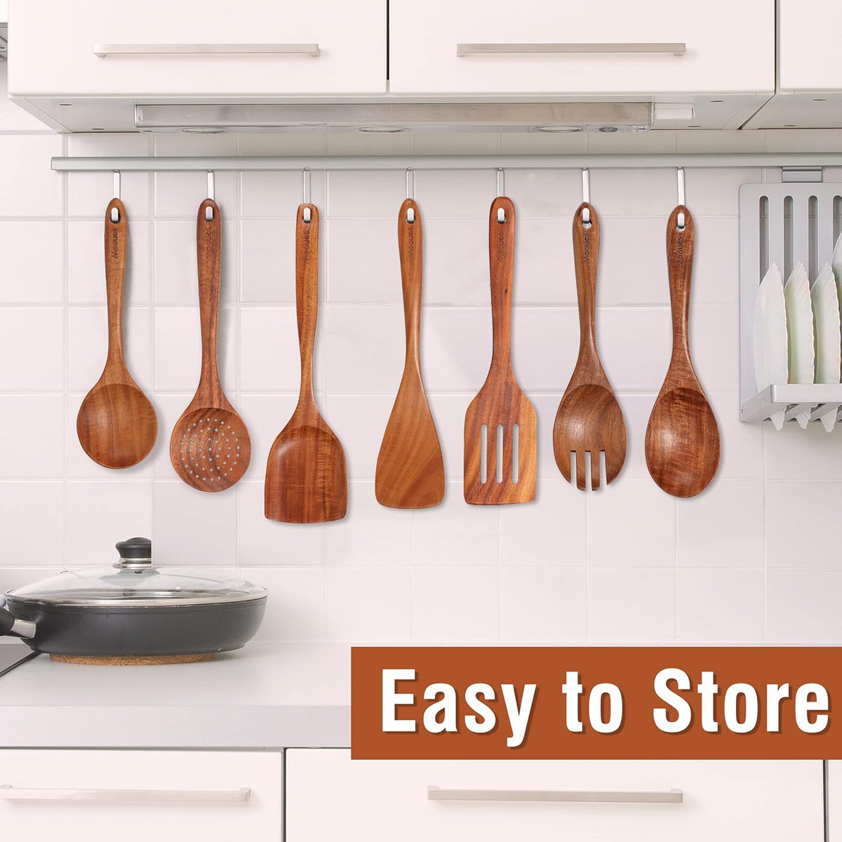 9 Piece Natural Teak Wooden Kitchen Utensil Set with Spoon Rest - Comfort Grip Cooking Spoons and
