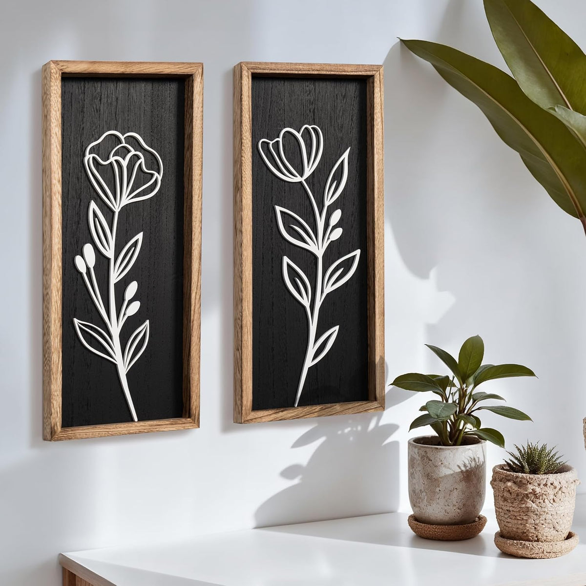 3D Vintage Black Living Room Decor (Set of 2) Lightweight, Wooden Ready-to-Hang Framed Moody Floral