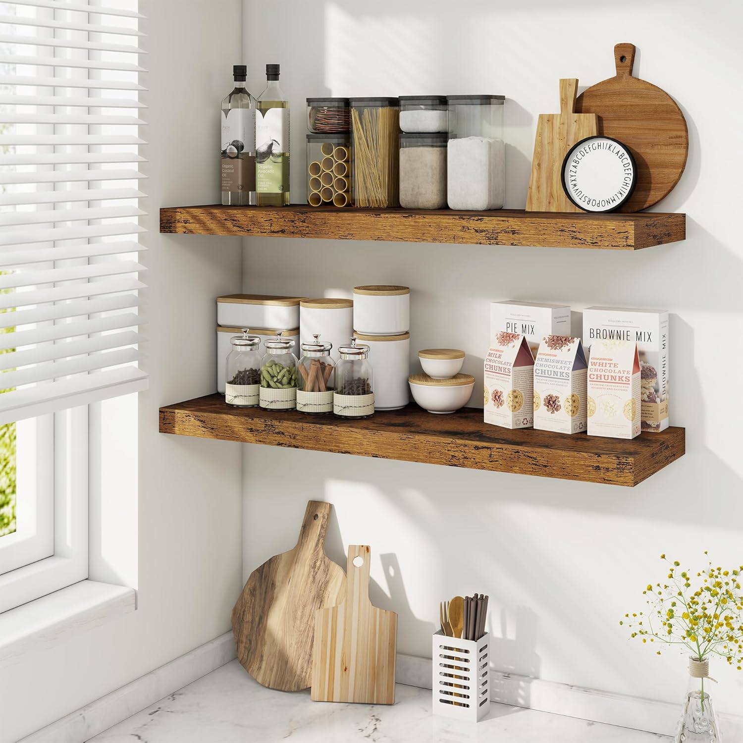 Fun Memories Floating Shelves for Wall, 32 Inch Rustic Wood Wall Mounted Shelves for Bathroom