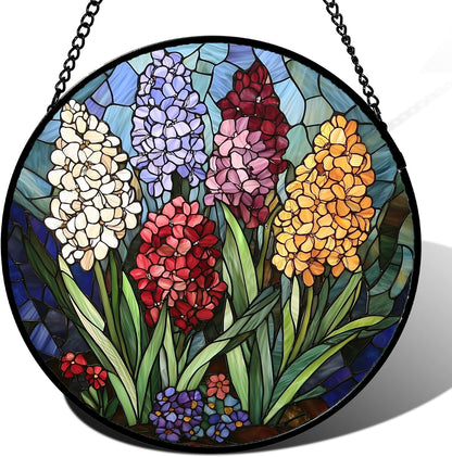Stained Glass Window Hanging, Colorful Hyacinth Flowers Suncatcher for Doors Window Home Plant Sun
