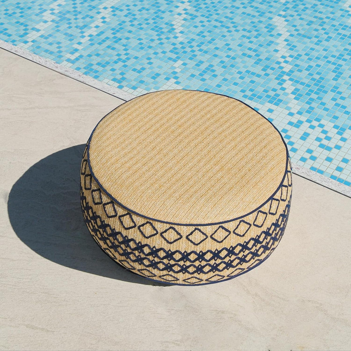 Outdoor Inflatable Ottoman with Air Pump, Embroidery Patio Footrest Stool D21”x H9”, Round Pouf