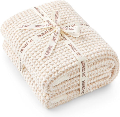 Snuggle Sac Cream Waffle Throw Blanket for Couch Bed Sofa 50x60 inches, Reversible Beige Blanket