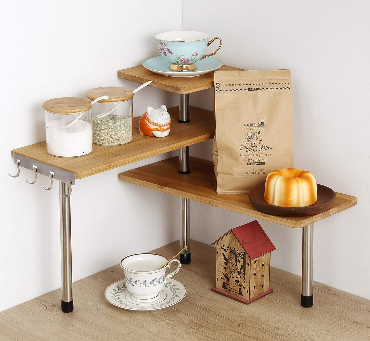 HYNAWIN Corner Shelf, 3 Tier Bamboo & Metal Storage Spice Rack-Desk, Space Saving Bookshelf with