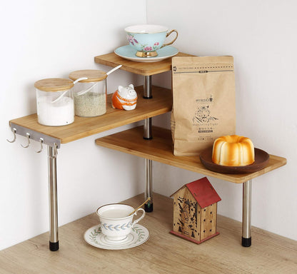 HYNAWIN Corner Shelf, 3 Tier Bamboo & Metal Storage Spice Rack-Desk, Space Saving Bookshelf with