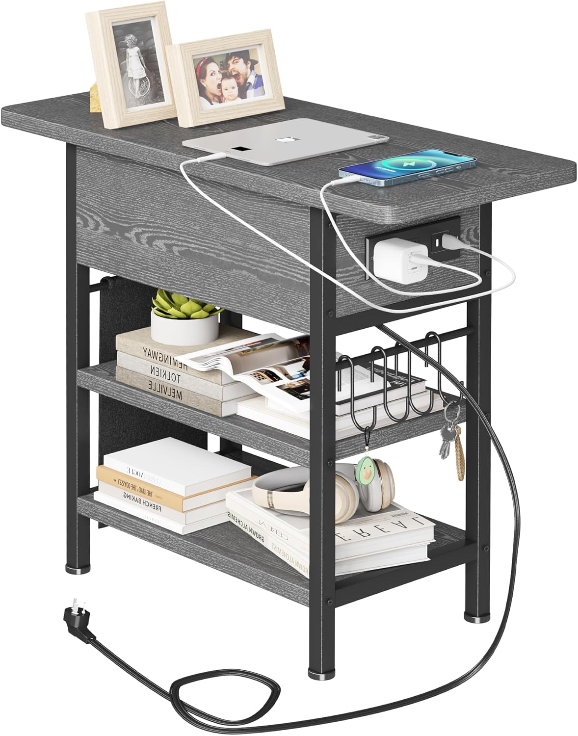 End Table with Charging Station, Flip Top Nightstand with USB Ports and Outlets,Couch Side Table