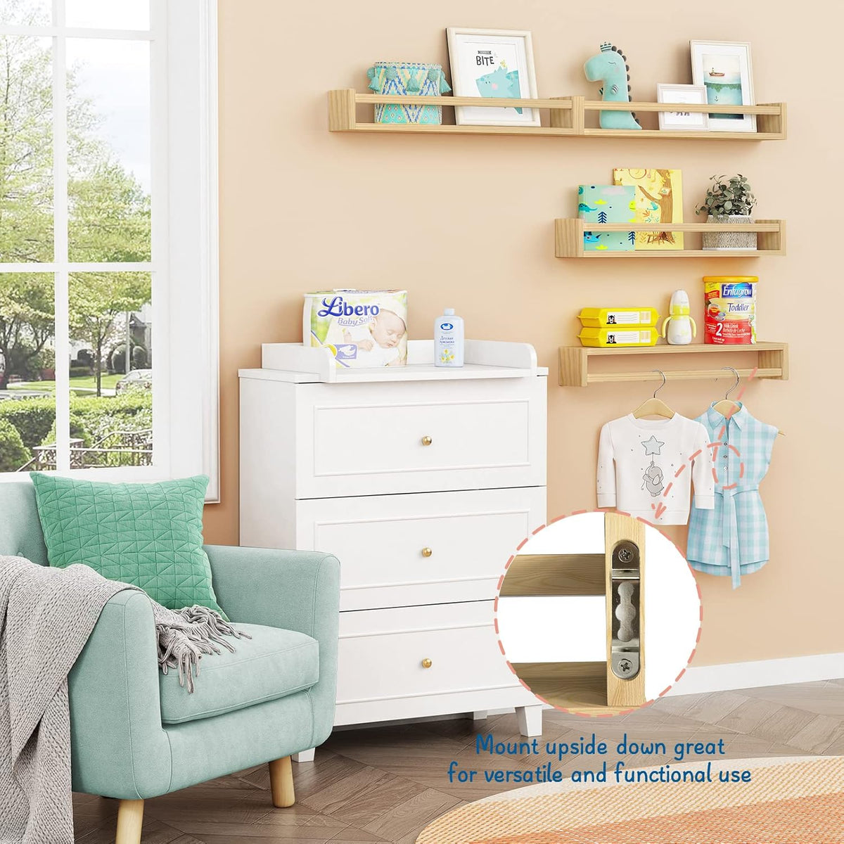 Forbena Natural Wood Nursery Bookshelves for Wall, 24 Inches Long Floating Book Shelves, Wall