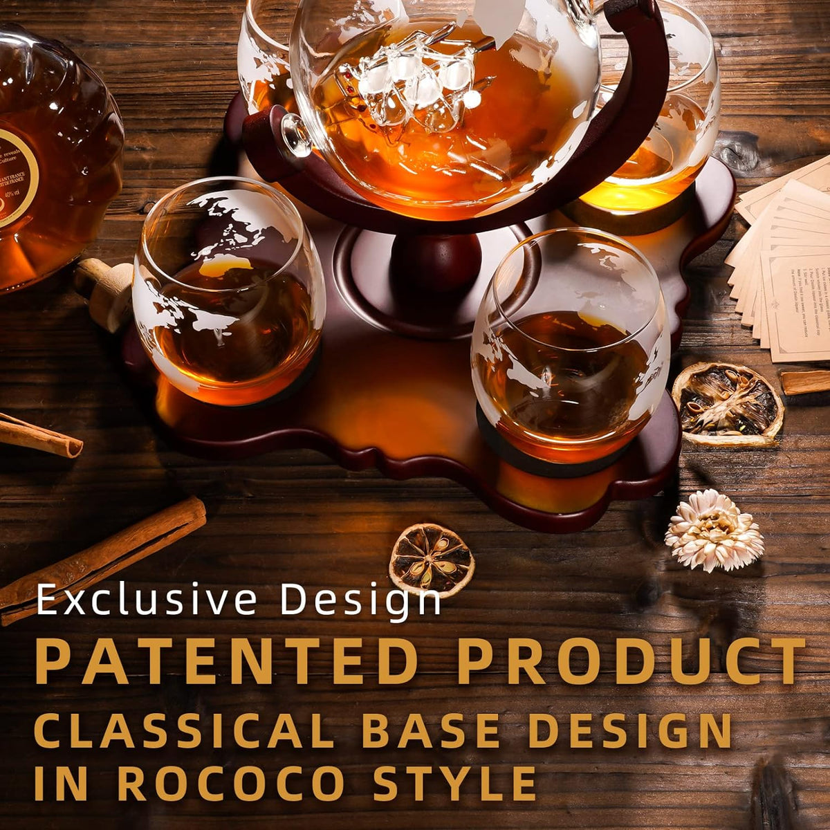 Gifts for Men Dad Husband Christmas, Whiskey Globr Decanter Set with 4 Etched Globe Glasses, Unique