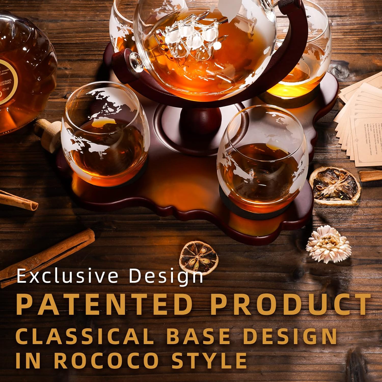 Gifts for Men Dad Husband Christmas, Whiskey Globr Decanter Set with 4 Etched Globe Glasses, Unique