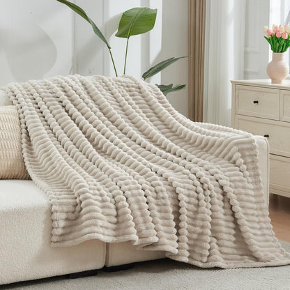 NEWCOSPLAY Super Soft Throw Blanket Linen Premium Silky Flannel Fleece 3D Ribbed Jacquard