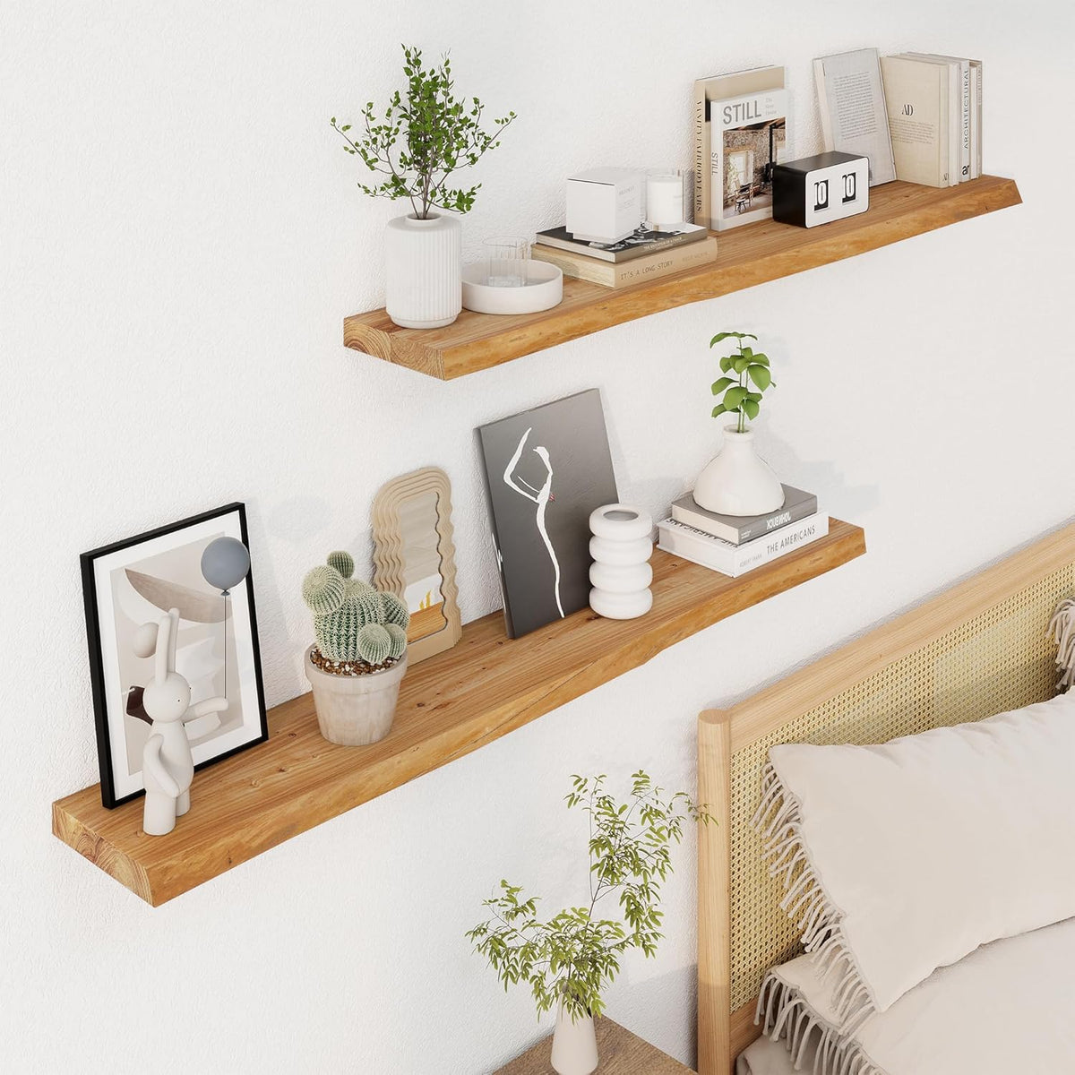 Axeman 48 inch Floating Shelves for Wall - 8'' D Live Edge Rustic Solid Elm Wood Floating Shelves