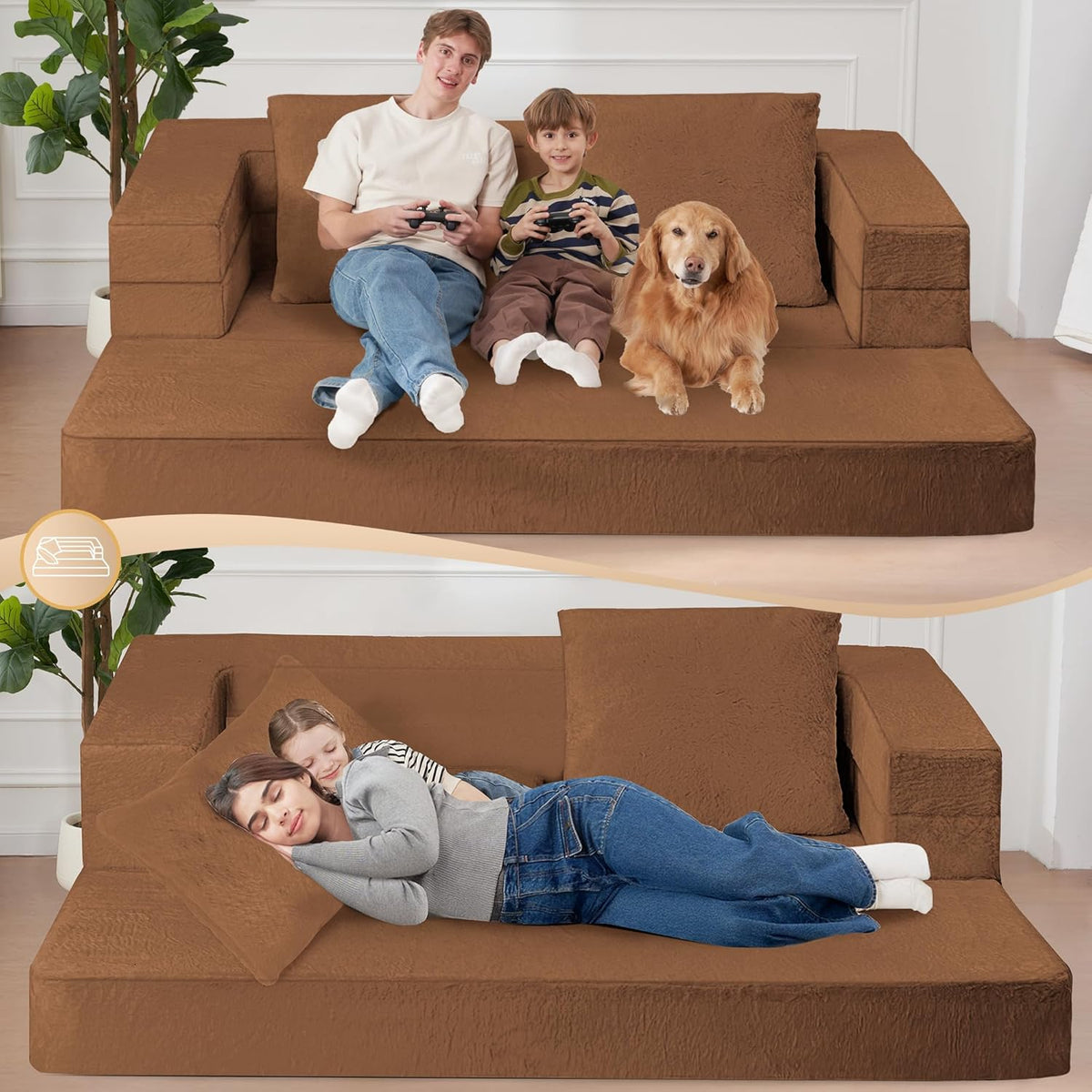 Folding Bean Bag Chair for Adults,3-in-1 Bean Bag Couch Faux Fur Floor Sofa Large Beanbag