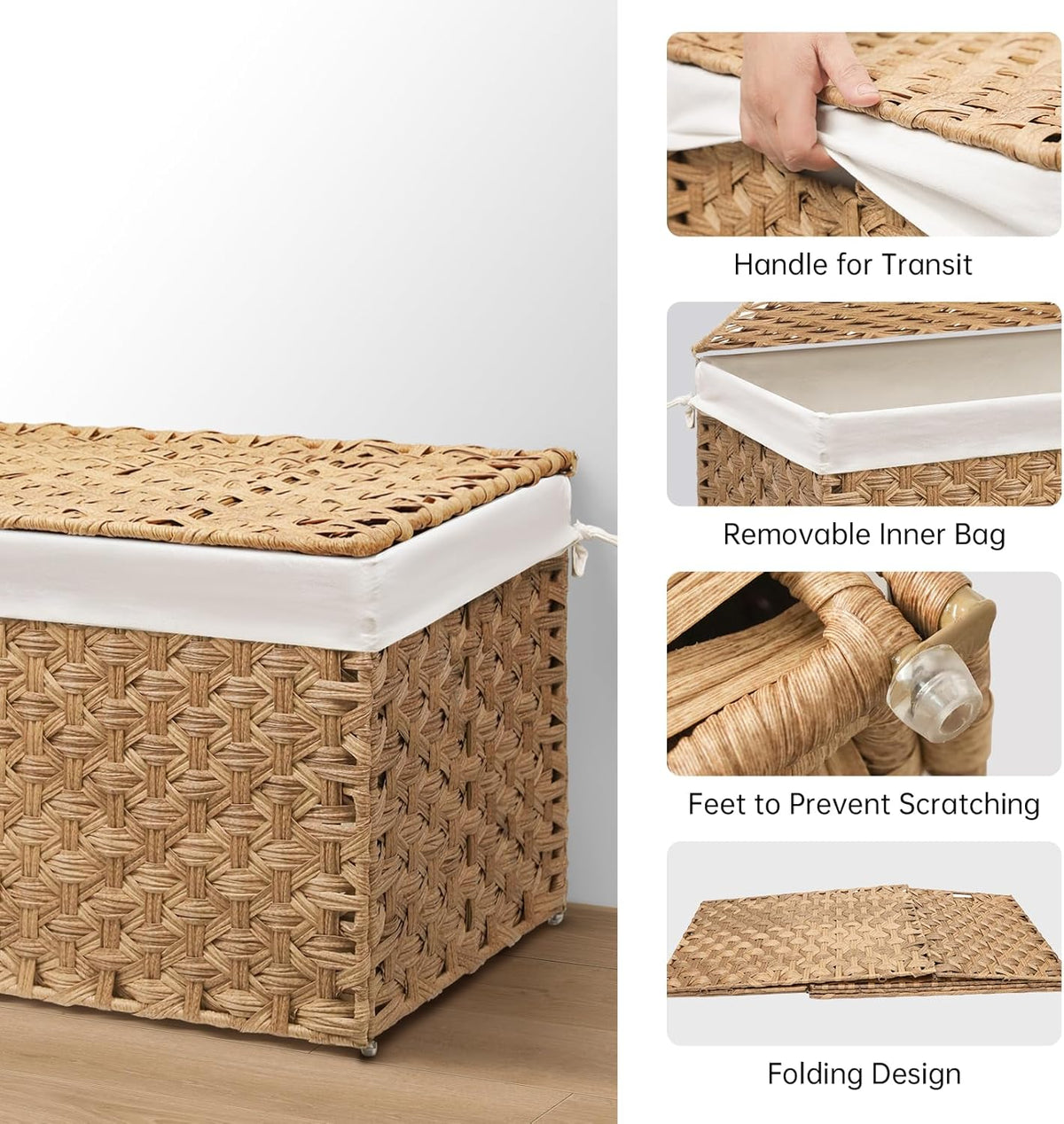 Wicker Storage Basket with Lid, 27.7 Gallon (105L) Large Blanket Basket with Lid, Woven Storage Bin